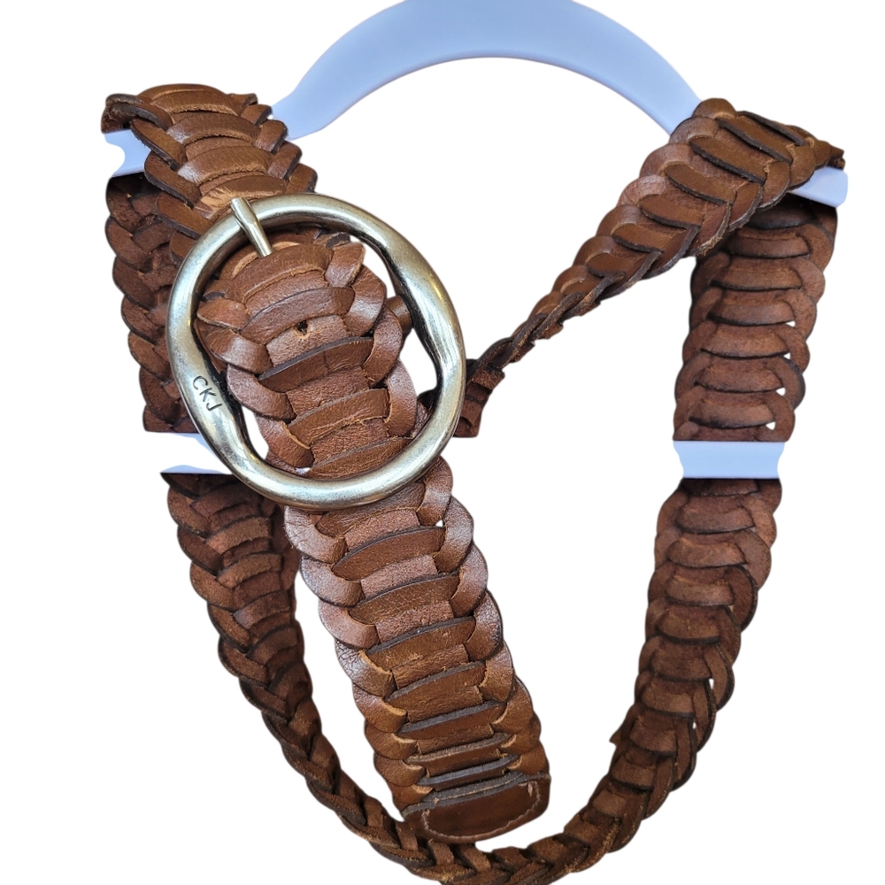 Calvin Klein Belt Woven Brown Leather Silver Tone Buckle Boho, Bohemian, 70's